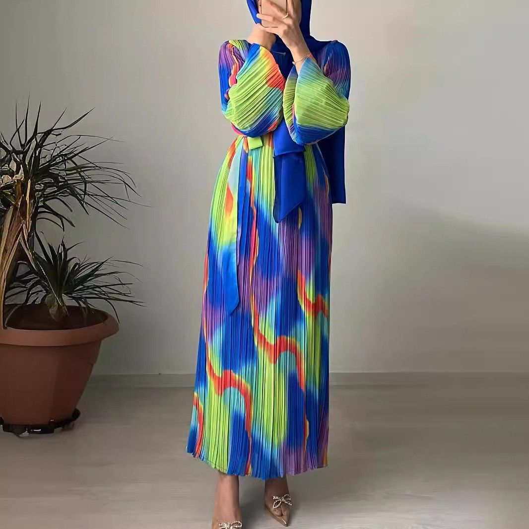 Elegant Muslim Women's Maxi Dress With Belt – Floral Print, Pleated Skirt, High Neck, Long Sleeves – Modest Office & Party Wear (S-XXL)_ecoleips.com