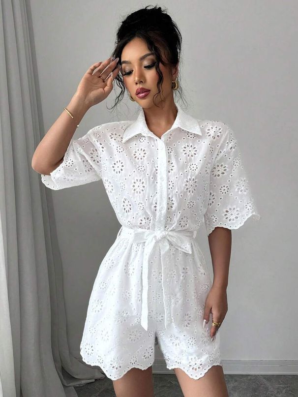 Women's Clothing New Spring And Autumn Women's Clothing Solid Color Embroidery Lapel Short Sleeve With Belt Shirt Dress_ecoleips.com