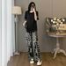 Women's Clothing Summer New Round Neck Side Zipper Printed Short Sleeved Top Wide Leg Trousers Two Piece Suit_ecoleips.com