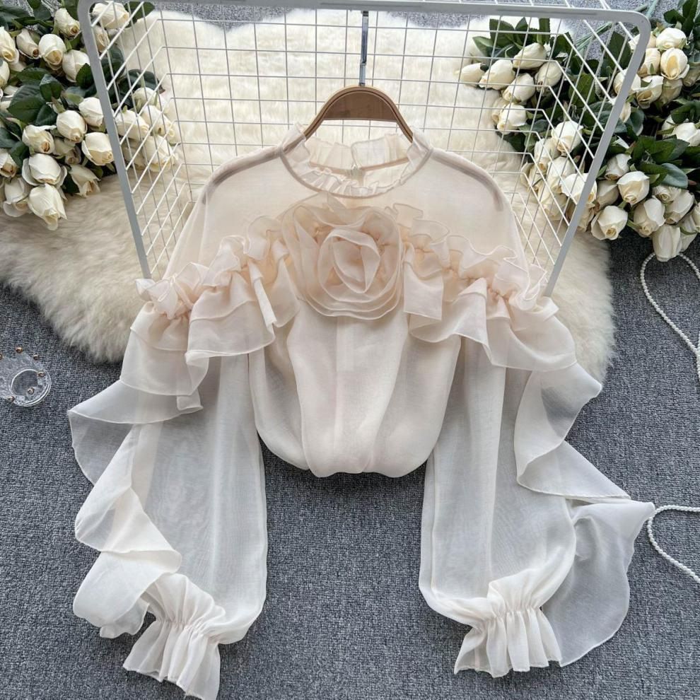 Trendy Mesh Ruffle Blouse – Asymmetrical Pleated Pullover For Women (White/Black/Rose Red/Pink/Apricot/Green/Red, One Size)_ecoleips.com