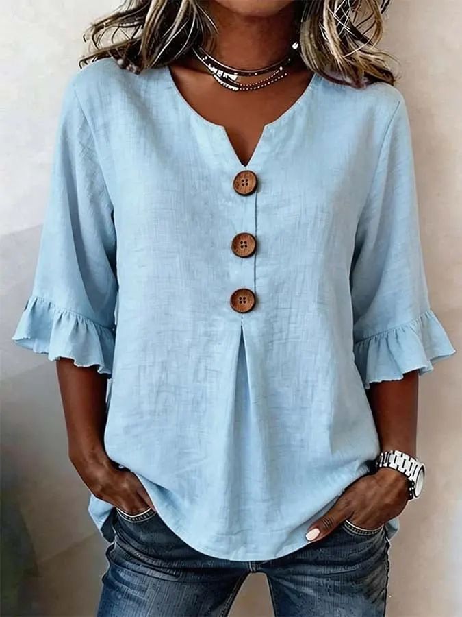 Women's Clothing Women's V Neck Button Top Style Cotton Linen Summer For Formal & Casual For Women Slim Fit Casual T-Shirt_ecoleips.com
