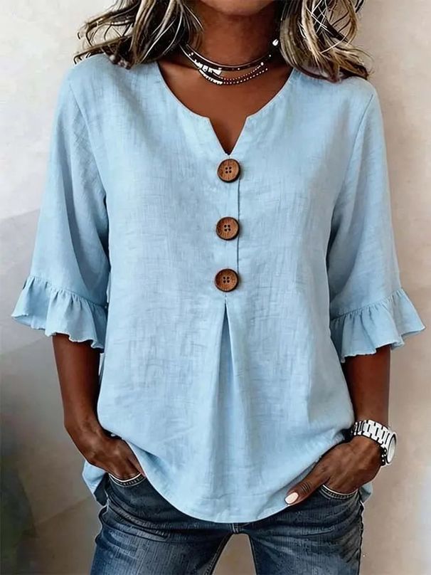 Women's Clothing Women's V Neck Button Top Style Cotton Linen Summer For Formal & Casual For Women Slim Fit Casual T-Shirt_ecoleips.com