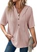 Women's Summer 2026 Waffle Knitted Short Sleeve Top Lightweight Drawstring Hoodie Button V-Neck Shirt_ecoleips.com