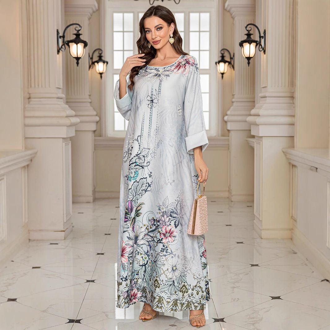 Muslim Clothing Printed Half Flower Rhinestone Beaded Women's Robe Jalabiya_ecoleips.com