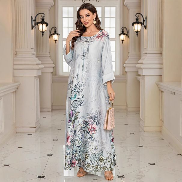 Muslim Clothing Printed Half Flower Rhinestone Beaded Women's Robe Jalabiya_ecoleips.com