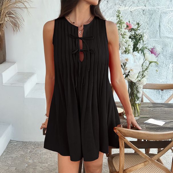 Women Elegant Solid Color Tie Waist Pleated Sleeveless Mini Dress Casual Dating Wear_ecoleips.com