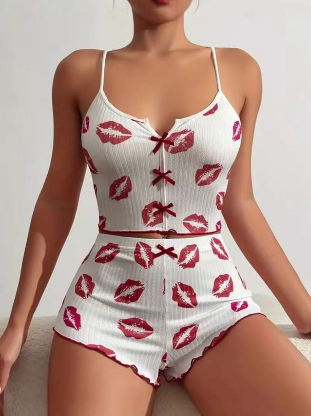New Women's Pajamas Set Heart Printed Home Clothes Front Slit Suspender Design_ecoleips.com