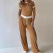Women's Breathable Cotton Short Sleeve Top Wide-Leg Pants Set Casual Loungewear Workout Office Outfit_ecoleips.com