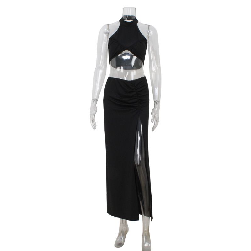 Fashion Sexy Halter Neck Top Slim Low Waist Slit Long Skirt Vacation Set For Women_ecoleips.com