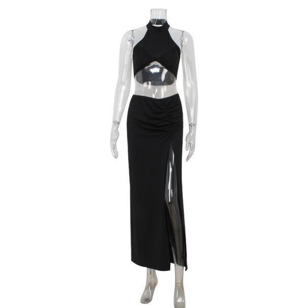 Fashion Sexy Halter Neck Top Slim Low Waist Slit Long Skirt Vacation Set For Women_ecoleips.com