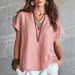 Women's Solid Color V Neck Shirt Casual Loose Short Sleeve Linen Top Spring Summer European American_ecoleips.com