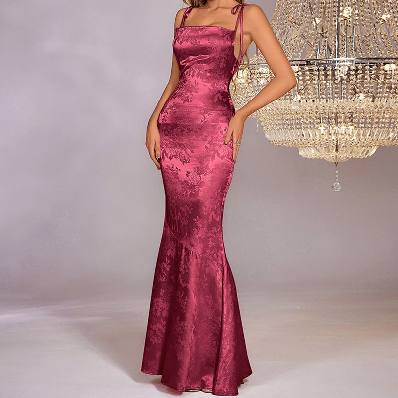 Cross-border Foreign Trade Slip Dress, European And American Sexy Backless Jacquard Tie-up Long Bodycon Fishtail Dress_ecoleips.com