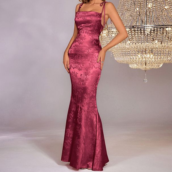 Cross-border Foreign Trade Slip Dress, European And American Sexy Backless Jacquard Tie-up Long Bodycon Fishtail Dress_ecoleips.com