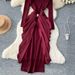 Elegant Semi-High Neck Pleated Long Sleeve Dress For Women - Red Slim Fit A-Line Midi Dress For Sophisticated Style_ecoleips.com