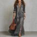 Women's Retro Lapel Faux Denim Long Dress With Pockets_ecoleips.com