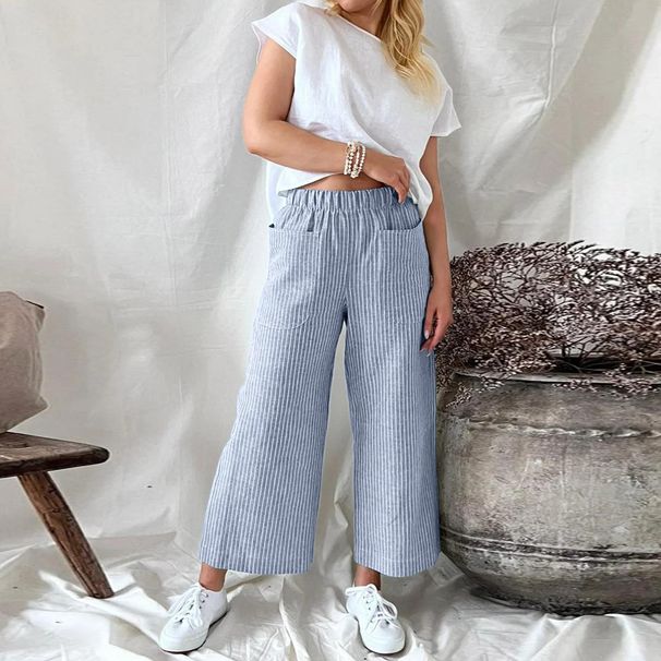 Suitable For All Seasons Summer New Women's 2025 Loose Striped Cotton Linen Pocket Fashion Casual Wide-leg Pants For Women_ecoleips.com
