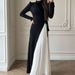 Women's Long Sleeve Color Block Pleated Dress Asymmetrical Two-in-One Design Clothing_ecoleips.com