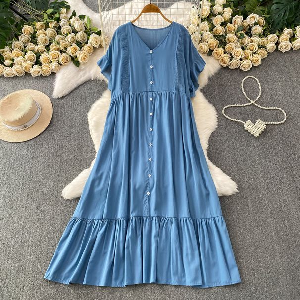 Women's Casual Long Dress Relaxed Fit Single Breasted V Neck Elegant Drape And Ruffles for Commuting_ecoleips.com