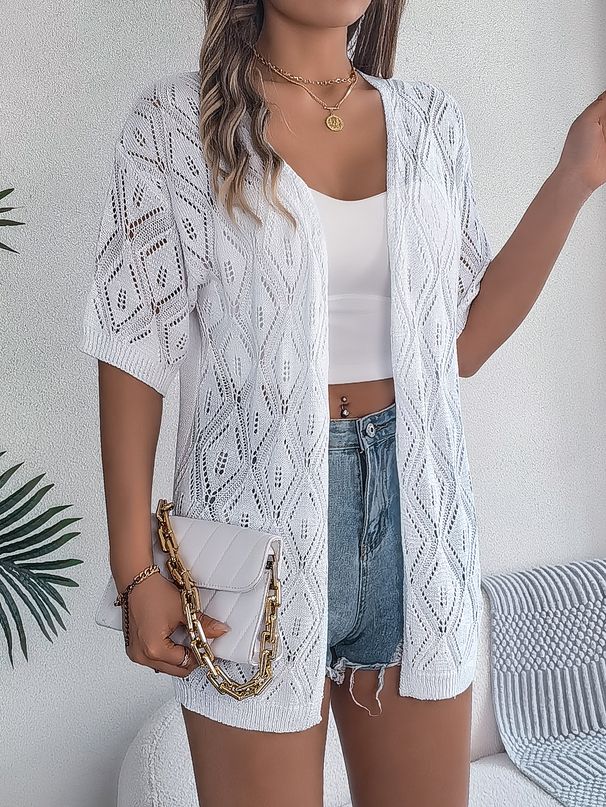 Real Shot Summer Hollow Out Plaid Short Sleeve Knitted Cardigan Beach Sun Protection Shirt European And American_ecoleips.com