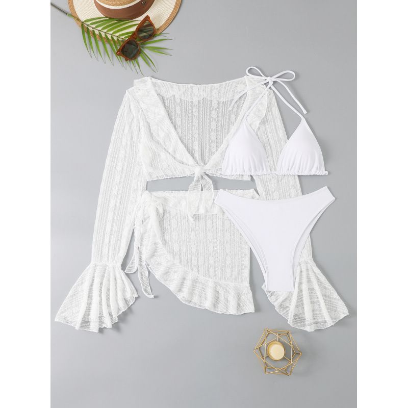 Women's Clothing Long Sleeved Bikini Four Piece Ruffled Swimsuit Female Split Net Celebrity Sexy Swimsuit_ecoleips.com
