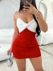Women's Red White Color Block Spaghetti Strap V-Neck Twist Sundress Stretchy Ribbed Knit Bodycon Mini Dress Summer Party Dress_ecoleips.com
