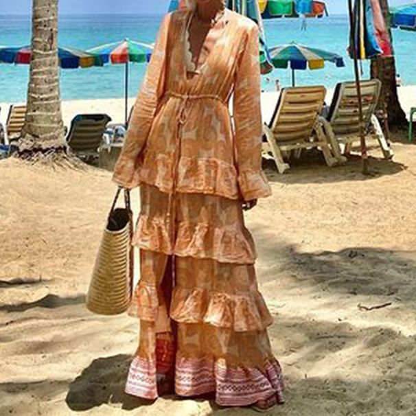 Women's Clothing Autumn Fashion Print Holiday Beach Mid Length Dress_ecoleips.com