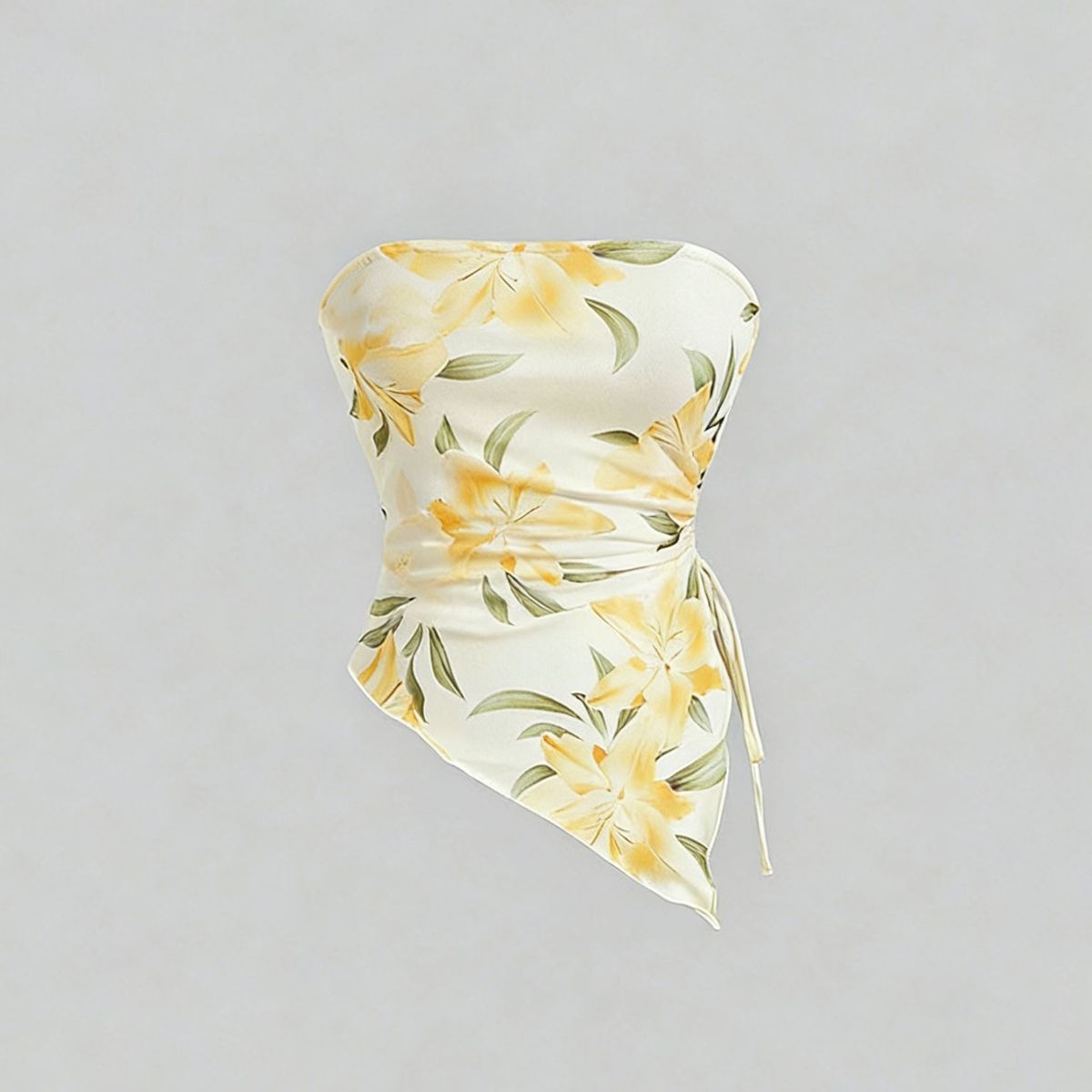 Women's Strapless Drawstring Pleated Slim Fit Top European American Style Niche Design Lily Print Elegant Short_ecoleips.com