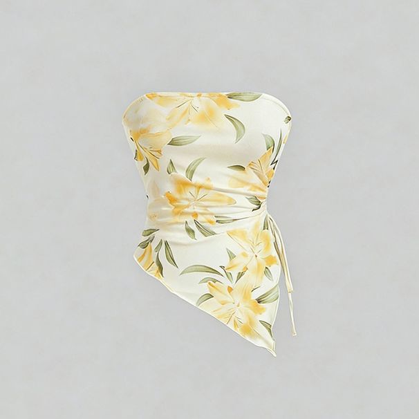 Women's Strapless Drawstring Pleated Slim Fit Top European American Style Niche Design Lily Print Elegant Short_ecoleips.com