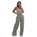 Women's Distressed Denim Wide-Leg Jumpsuit Two Piece Set With Tube Top And High Waist Washed Jeans_ecoleips.com