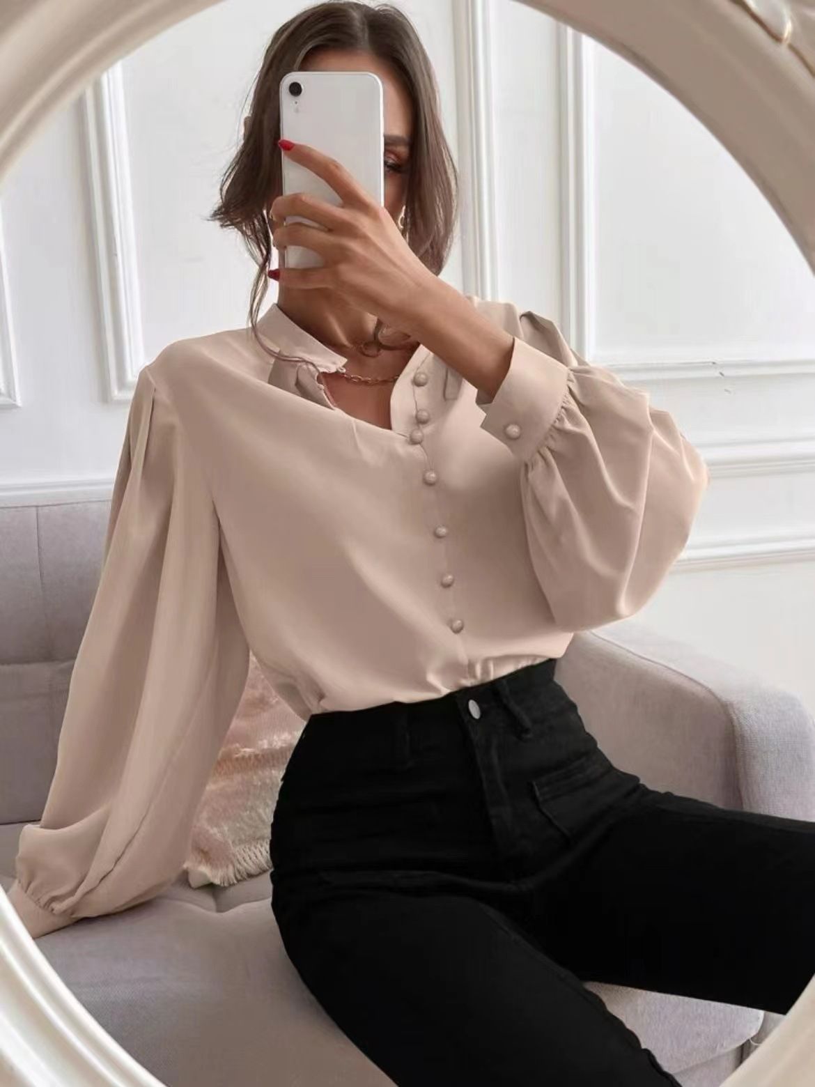 Women's Elegant Solid Color Blouse – Oversized Long Sleeve Button-Down Shirt For Casual & Office (S-Xxl, 7 Colors)_ecoleips.com