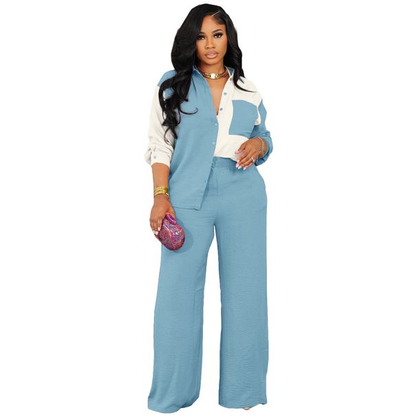 L524 European And American Women's Clothing Autumn Winter Color Block Pocket Casual Shirt Two-Piece Set_ecoleips.com