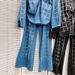 Women's Clothing design heavy diamond plaid denim shirt top loose hot diamond casual jeans suit_ecoleips.com