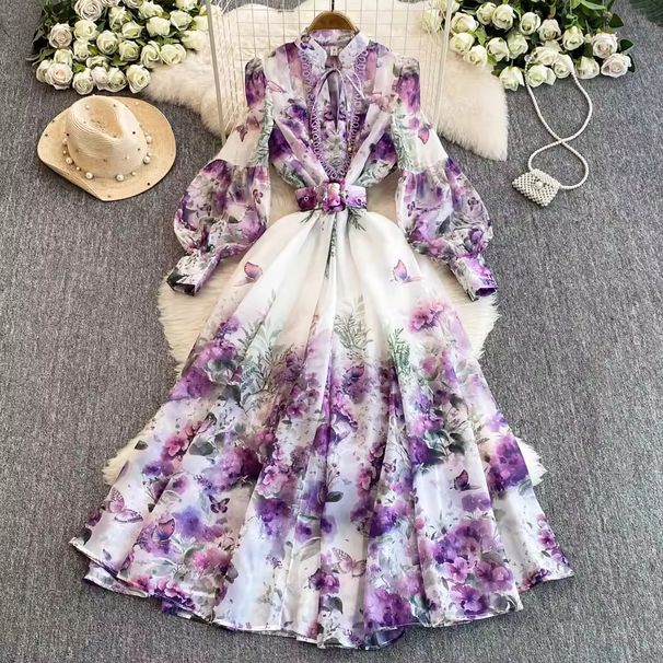 French-Inspired Floral Print Wrap Dress - Elegant Lantern Sleeve Maxi Dress For Women (S-XXL)_ecoleips.com