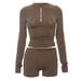Women's Button down Crop Top And Low Waisted Shorts Set Solid Color round Neck Long Sleeved Sportswear Clothing_ecoleips.com