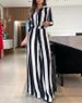 Women's Clothing autumn casual fashion black and white striped button pocket design shirt wide leg pants two piece set_ecoleips.com