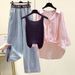 Women’s Clothing Large Size 200 Pounds Fat Girl Summer Suit Female Striped Shirt Small Suspenders Slim Jeans Three Piece Suit_ecoleips.com