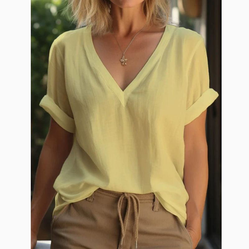 Women's Clothing V Neck Short Sleeved Cotton And Linen Women's Clothing Tops And Shirts_ecoleips.com