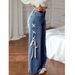 Women's Clothing Plus Size Side Ribbon Stretch Jeans - Flowy Straight Leg Denim Pants With Adjustable Waist Tie_ecoleips.com