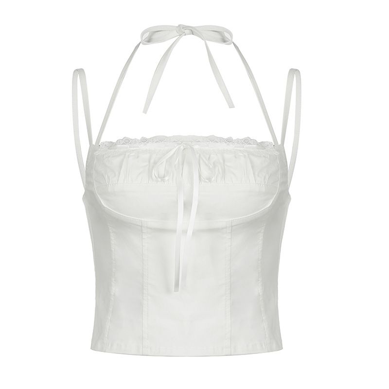 Y2K Clothes Goth Grunge Punk White Lace Patchwork Halter Top Women Summer Solid Ruched Backless Sleeveless Tank Top Streetwear_ecoleips.com