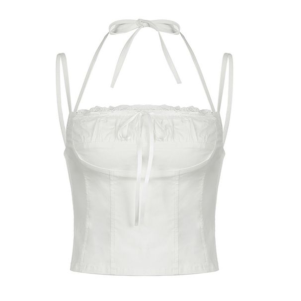 Y2K Clothes Goth Grunge Punk White Lace Patchwork Halter Top Women Summer Solid Ruched Backless Sleeveless Tank Top Streetwear_ecoleips.com