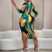 Plus Size Casual V-Neck Midi Dress Flowy A-Line Geometric Print Dress With 3/4 Sleeves – Stretchy Polyester-Spandex Blend – Floral & Abstract Design_ecoleips.com