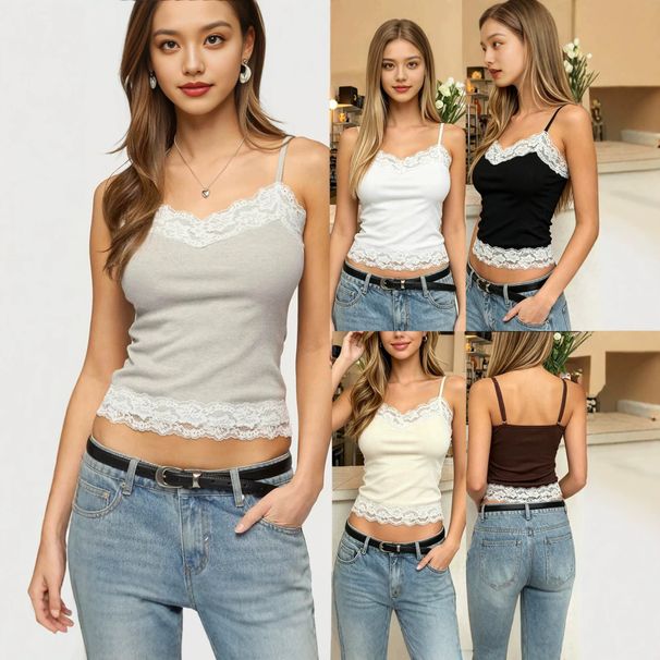 Spring/Summer Sexy Eyelash Lace Camisole Women's Slim Fit Sleeveless Top European American Style_ecoleips.com