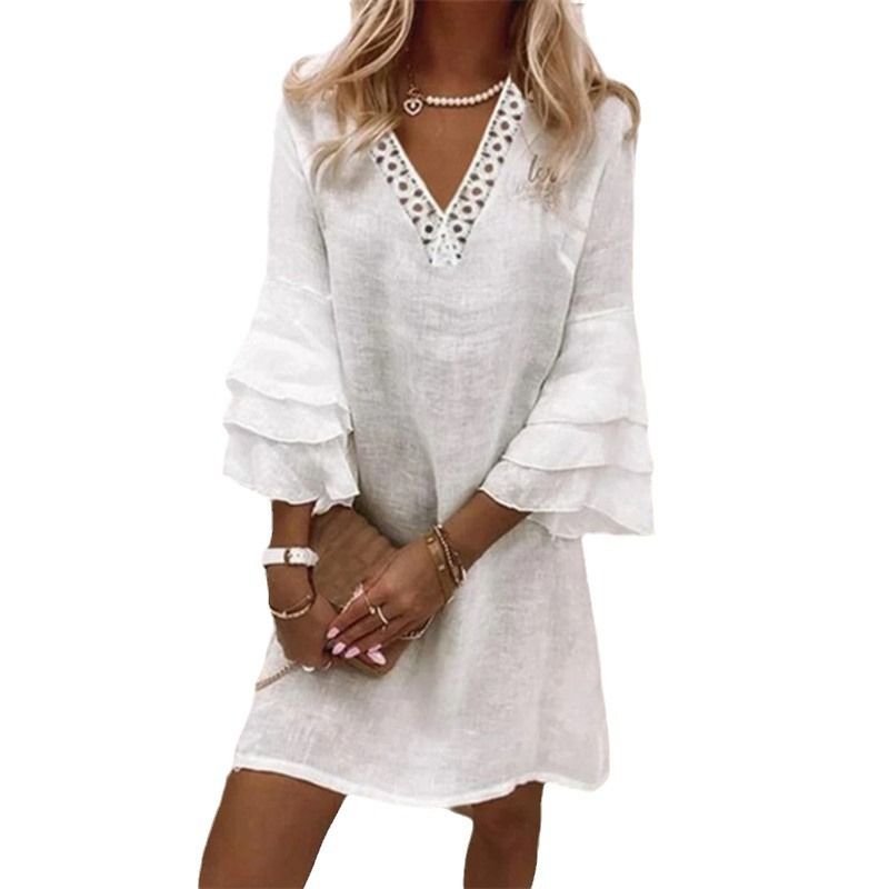 Spring/Summer Women's Dress: Lace-Stitched Design With V-Neck And Short Sleeves; Made Of White Cotton-Linen Fabric._ecoleips.com