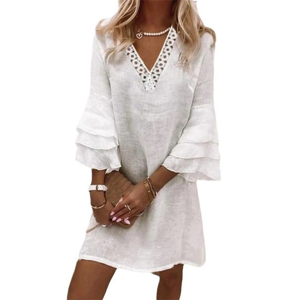 Spring/Summer Women's Dress: Lace-Stitched Design With V-Neck And Short Sleeves; Made Of White Cotton-Linen Fabric._ecoleips.com