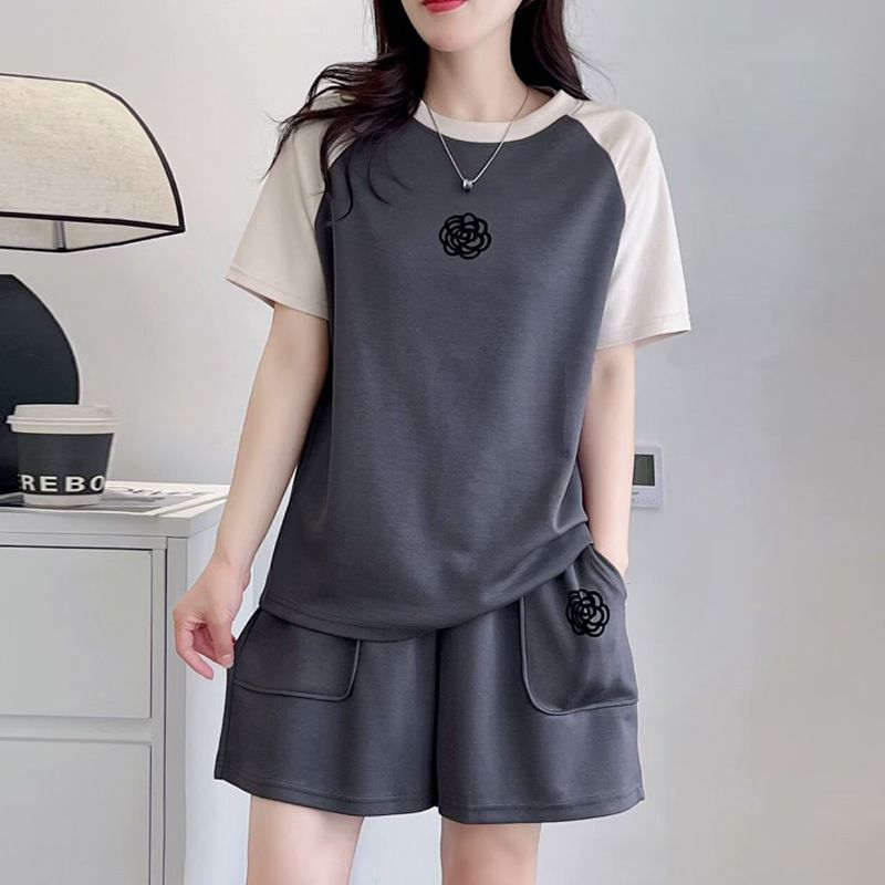 Women's Summer Casual 2-Piece Set - Cotton Short Sleeve Top & Contrast Color Shorts (Loose Fit, Large Size, Sporty Style)_ecoleips.com