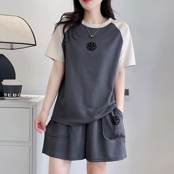 Women's Summer Casual 2-Piece Set - Cotton Short Sleeve Top & Contrast Color Shorts (Loose Fit, Large Size, Sporty Style)_ecoleips.com