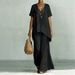 Women's Cotton Linen V Neck Short Sleeve Top And Wide Leg Pants Set Casual Fashion Loose Fit European And American Style Independent Store Clothing_ecoleips.com