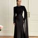 Women's Clothing Modest Abaya Dress Elegant Slim-Fit Long Sleeve Evening Dress – Rhinestone & Chain Detail A-Line Gown (White/Black/Red/Burgundy)_ecoleips.com