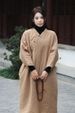 girl Vintage Women's Clothing Sand Washed Linen Long Cotton Coat With Side Buttons_ecoleips.com