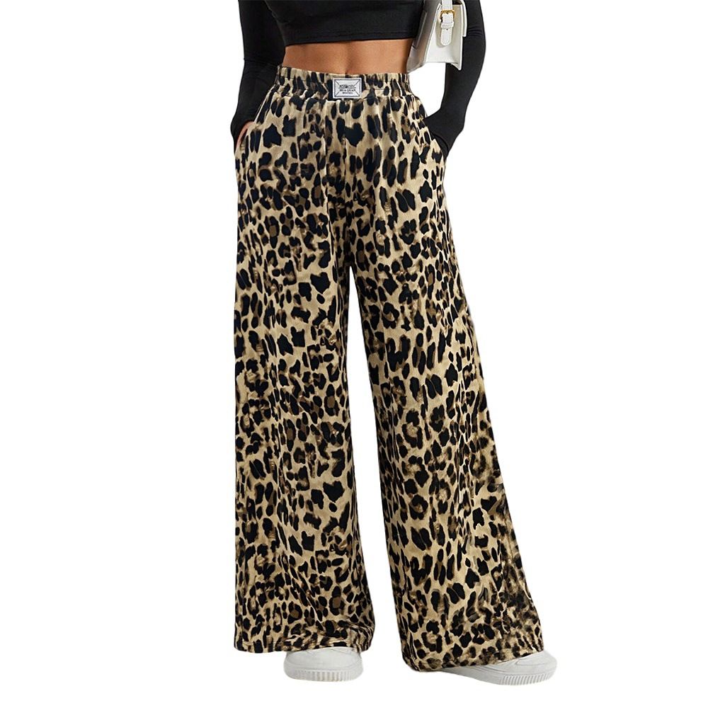 Voya Women's European And American Retro Chic Leopard Print Wide-leg For Women, Spring/summer High Loose-fitting Long With A Windbreaker Pants
_ecoleips.com